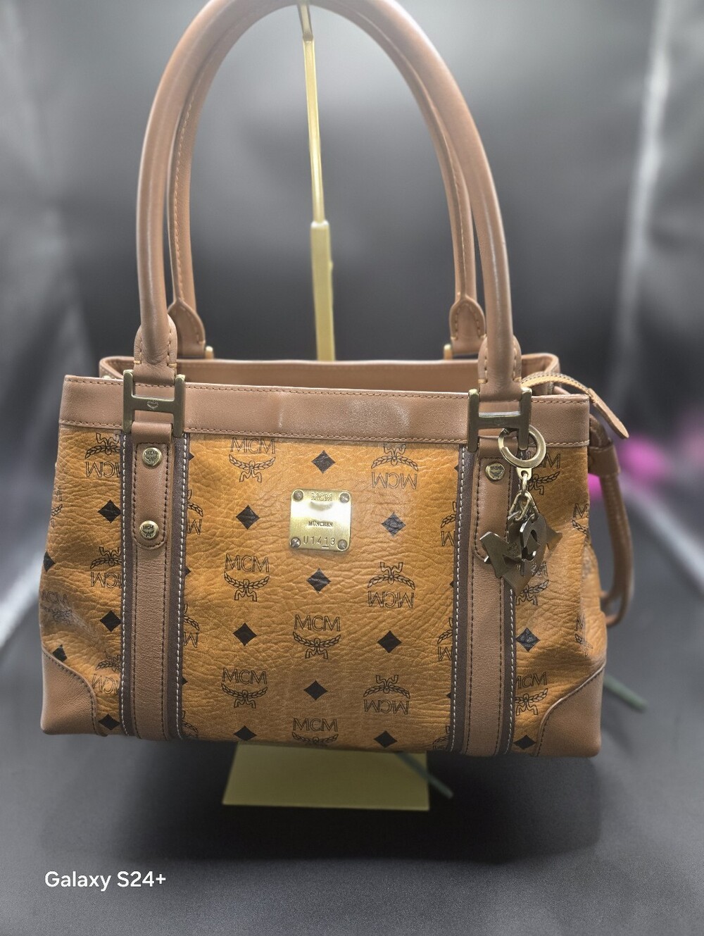 Authentic MCM Visetos Satchel Tote Bag Cognac Brown + Original MCM Logo Charm